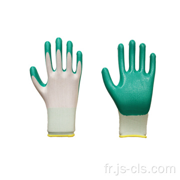 Gants de nitrile bordés de polyester blanc-vert blanc